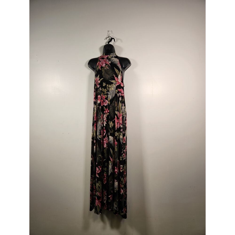 BLOOMS IN THE CITY Sleeveless Halter Maxi Dress Womens L Black Red Floral Lilies